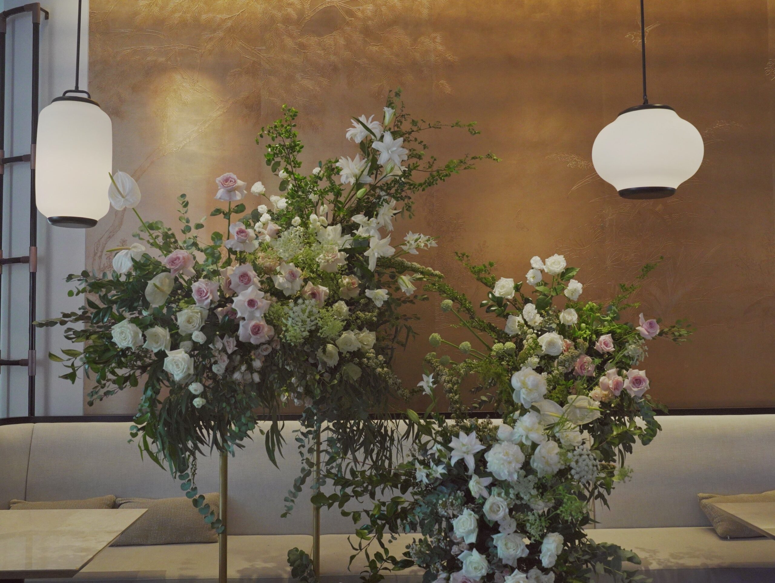 Floral installation styled for an intimate restaurant wedding at Yi by Jereme Leung, Raffles Hotel Singapore