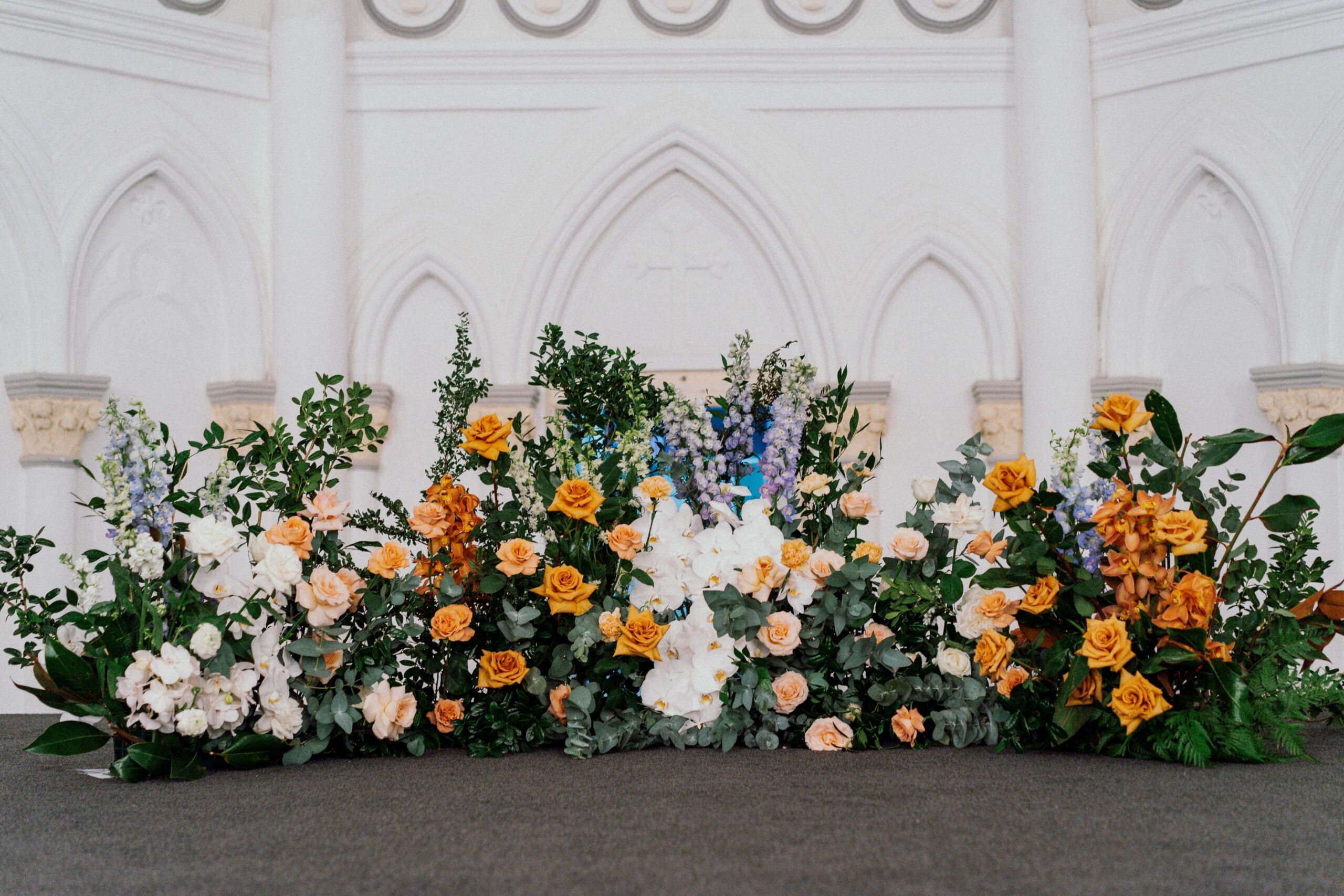 Wedding florist cost Singapore flower stage decor at CHIJMES food wedding hall for solemnization wedding ceremony