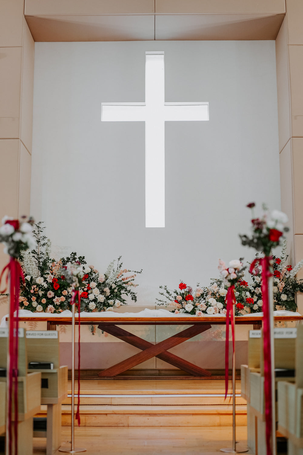 Romantic Singapore indoor church ceremony wedding with altar floral display ideas