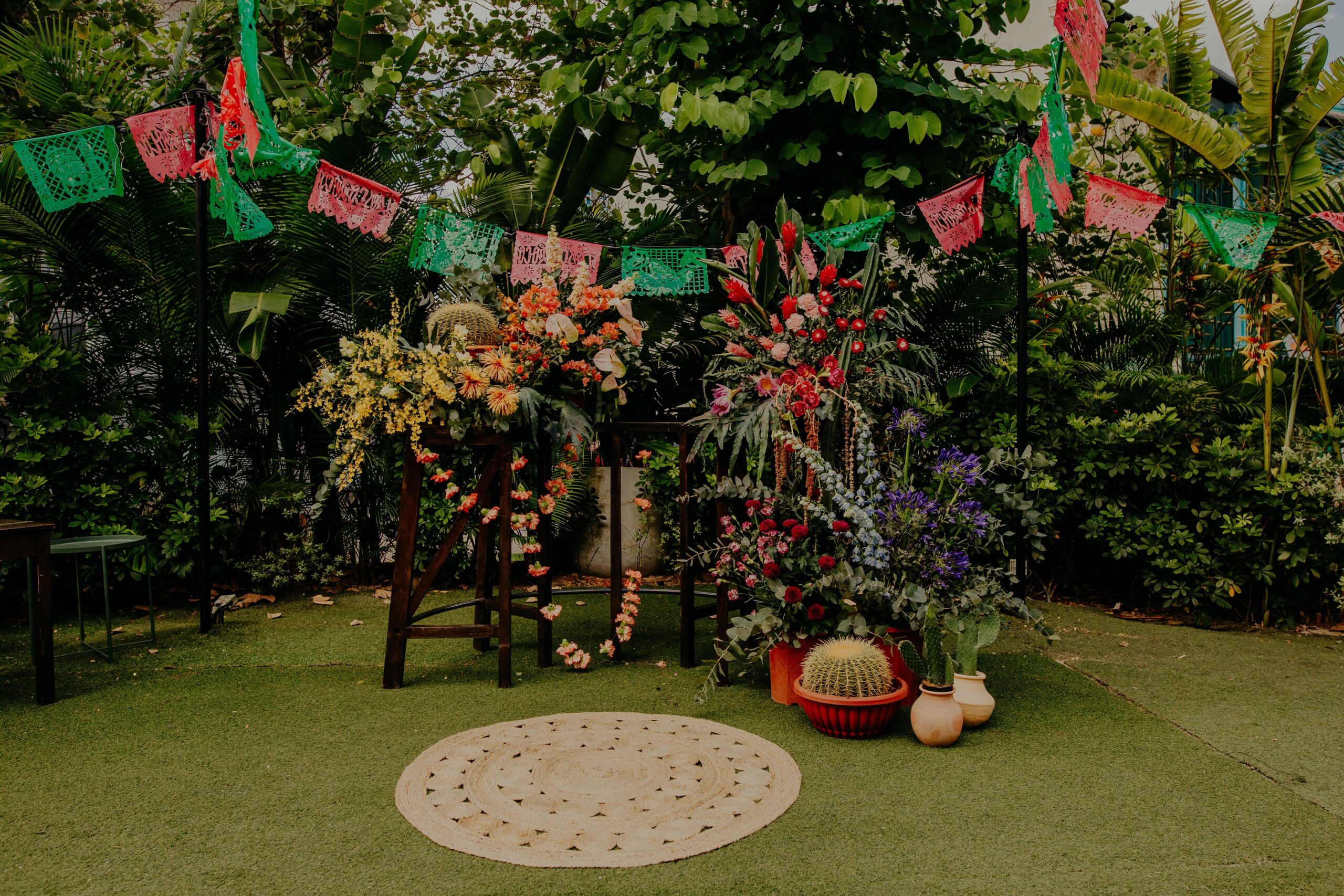 Lucha Loco outdoor patio decorated for wedding with wild flowers wedding ideas